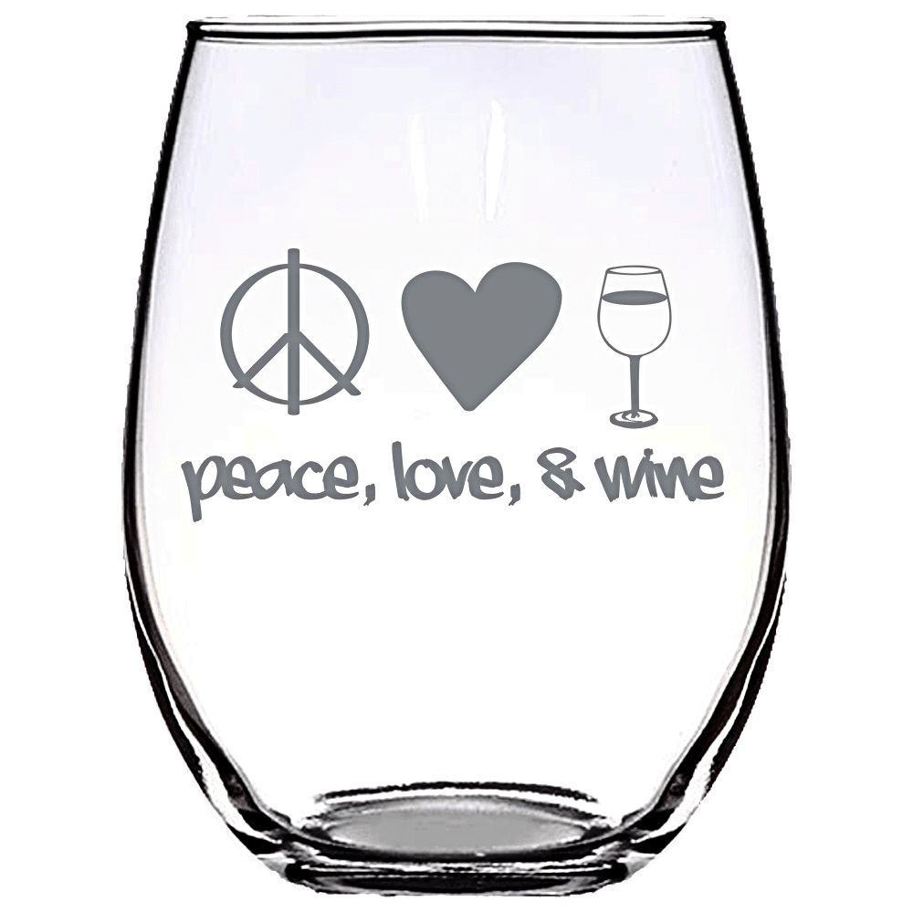Peace, Love, Wine Stemless Wine Glass Stemless Wine Glass Laser Etched No Colored Art PrintTech